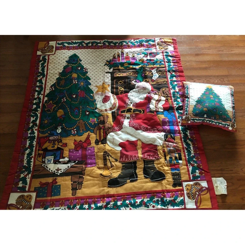 Vintage Christmas Lap Quilt & Pillow Santa Tree Gifts Hand Stitched 50x60 Read